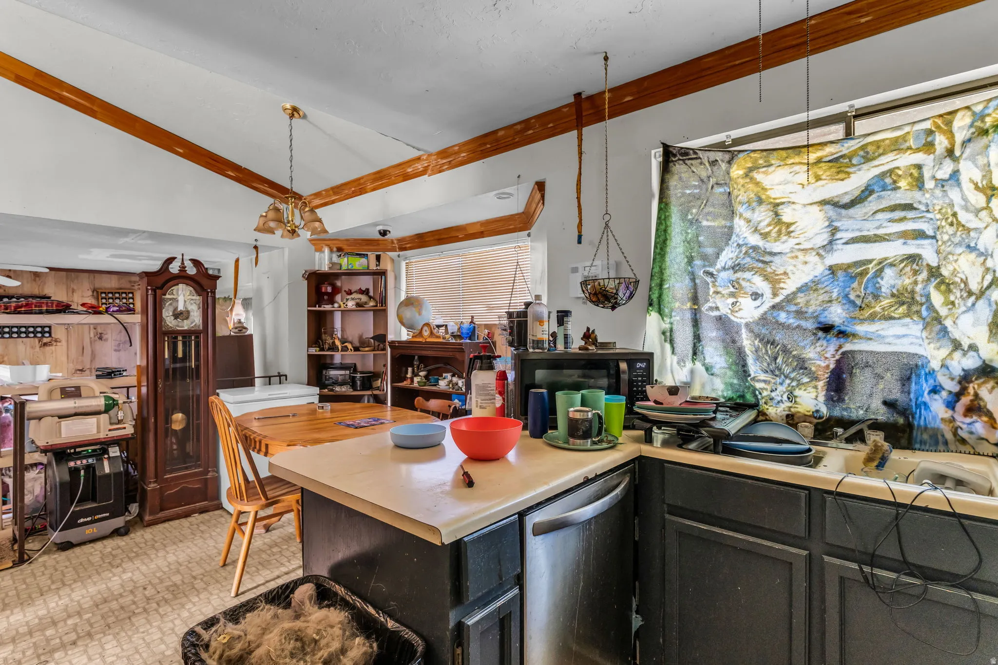Kitchen area featuring a built-in dishwasher, black cabinetry, and light-toned countertops