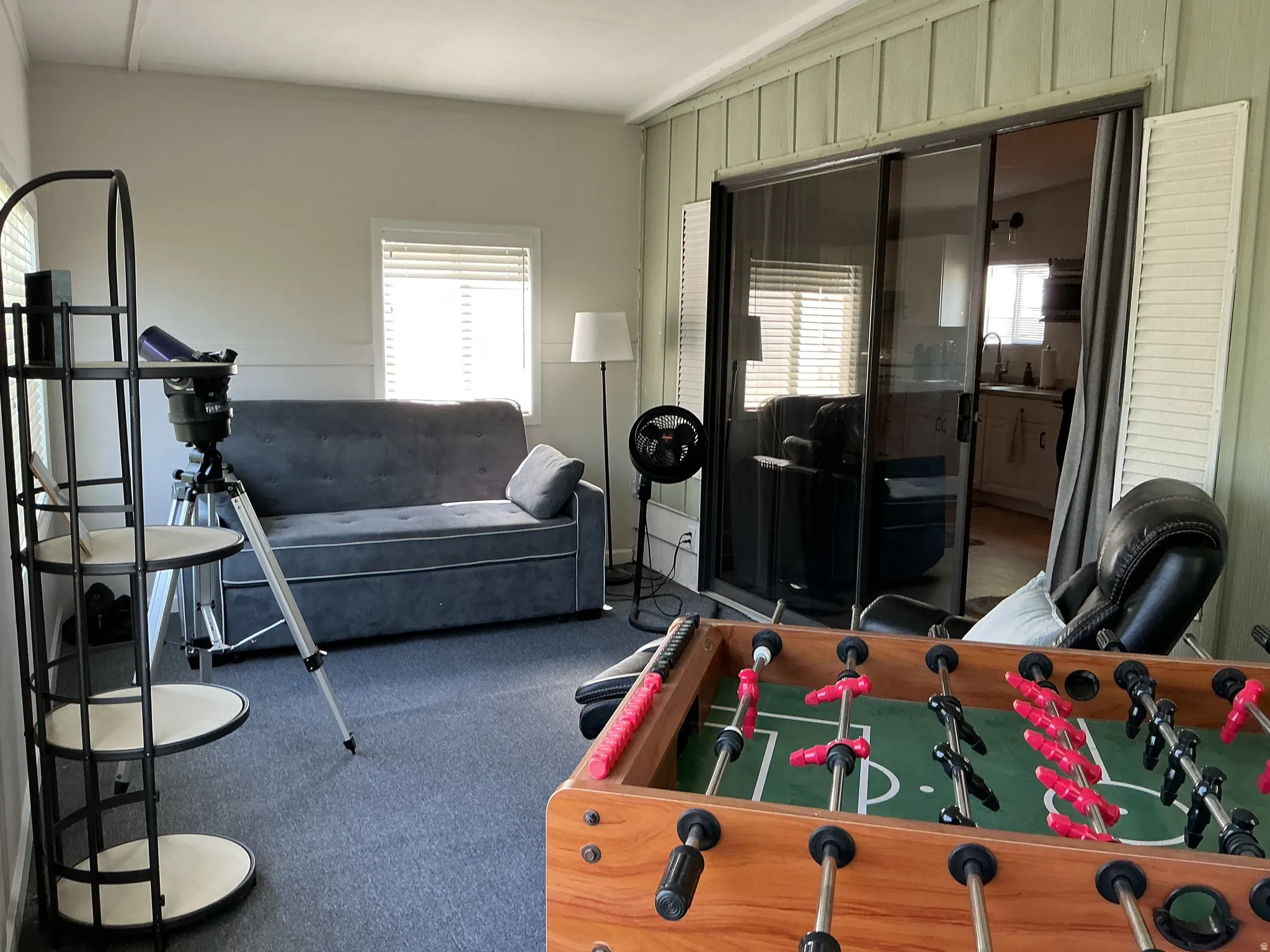 Sunroom with textured wall paneling and neutral carpeting