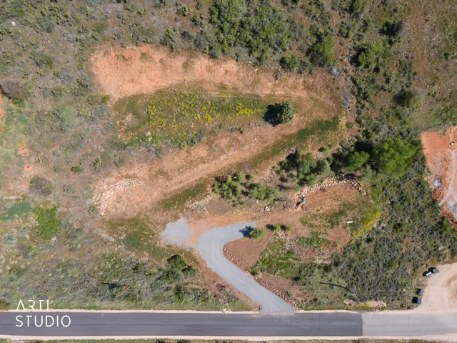 Expansive undeveloped lot featuring a gravel driveway entrance from a paved road, surrounded by natural vegetation