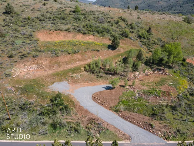Gravel driveway ascending a natural hillside with varied topography