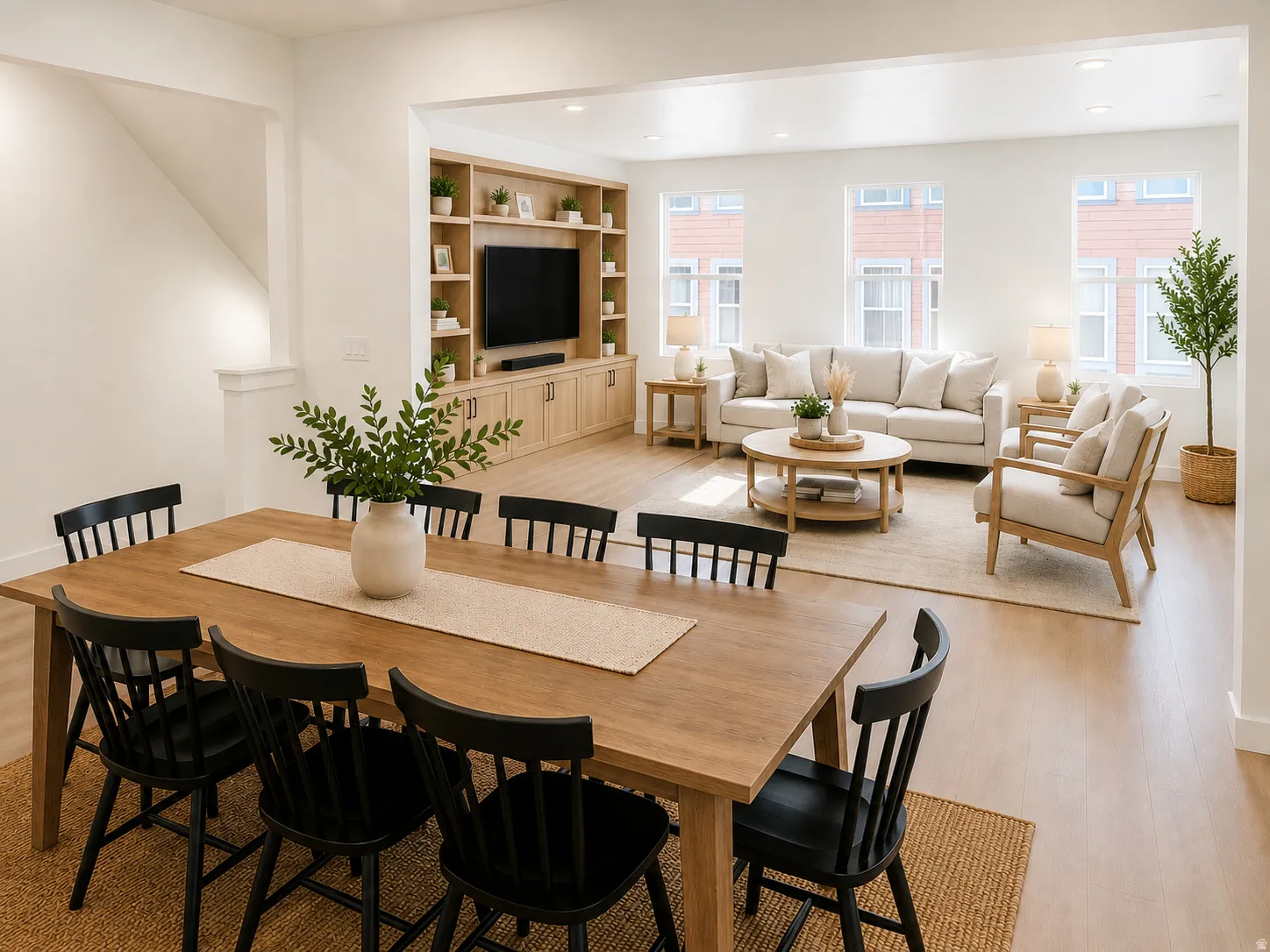 Open-concept living space featuring wood-finish flooring, a built-in media center with shelving, white walls, and recessed lighting