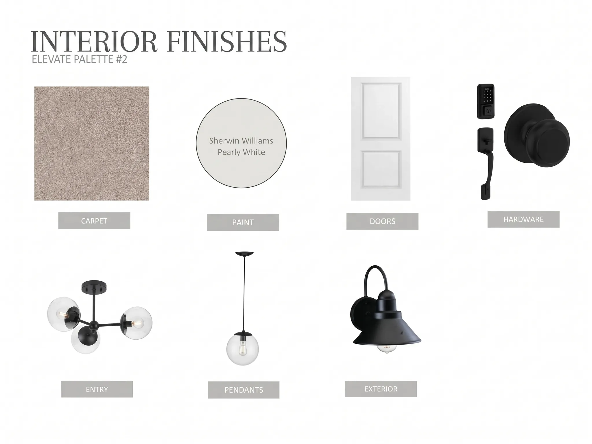 Interior Finishes, Elevate Palette #2. Displaying material and fixture selections for the property