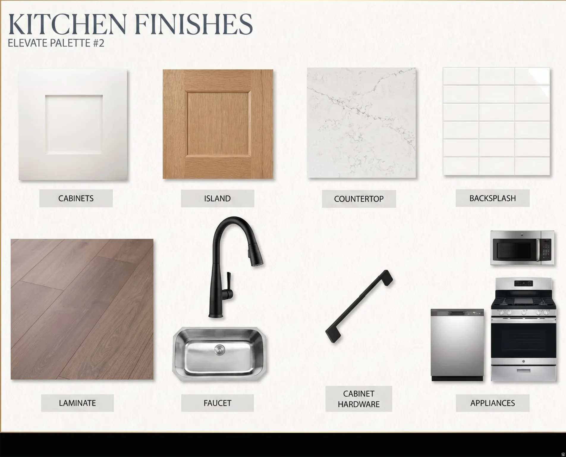 Kitchen Finishes, Elevate Palette #2. Presenting specified material and appliance selections for the property's kitchen