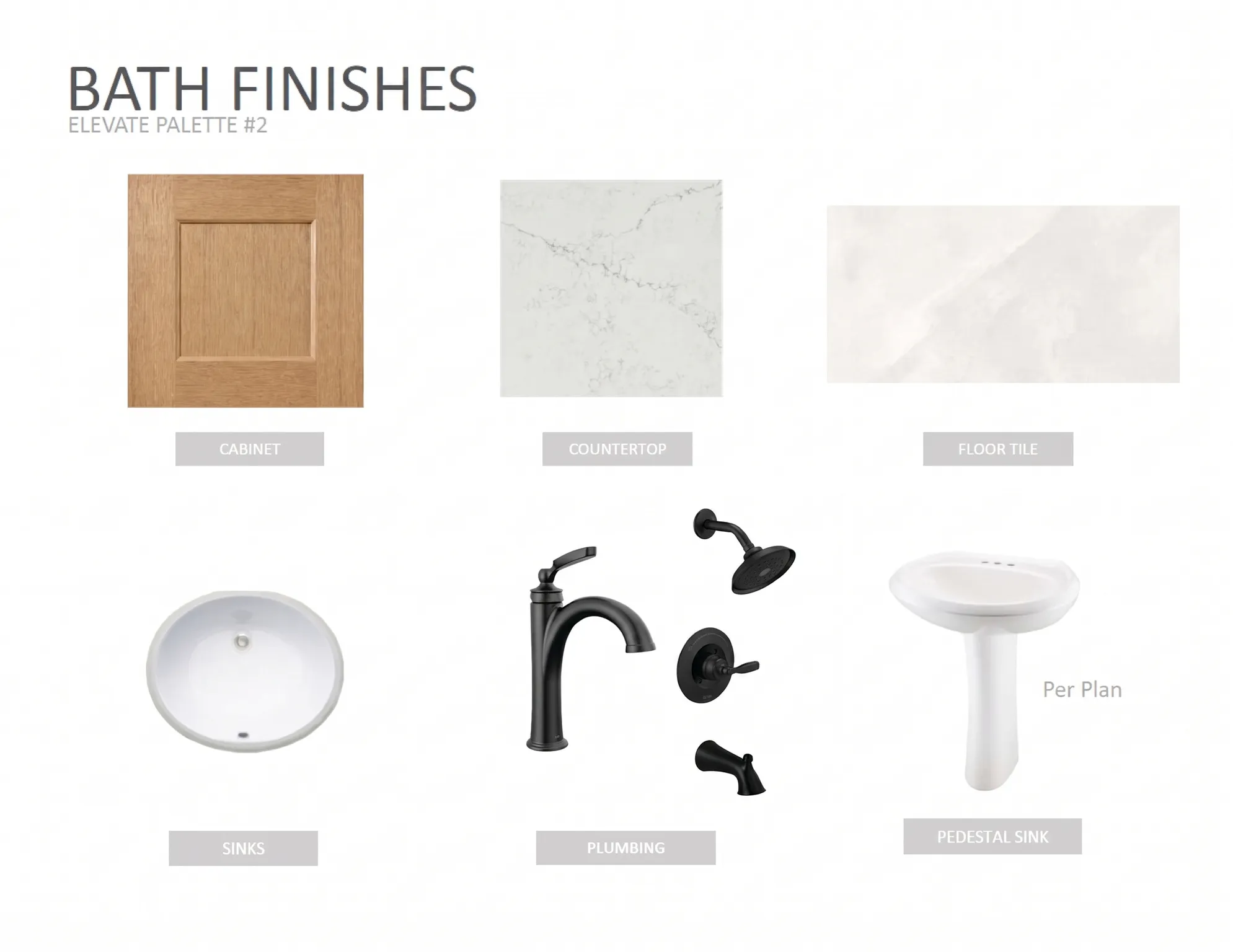 Bath Finishes, Elevate Palette #2. Displaying selected materials for the property's bath areas