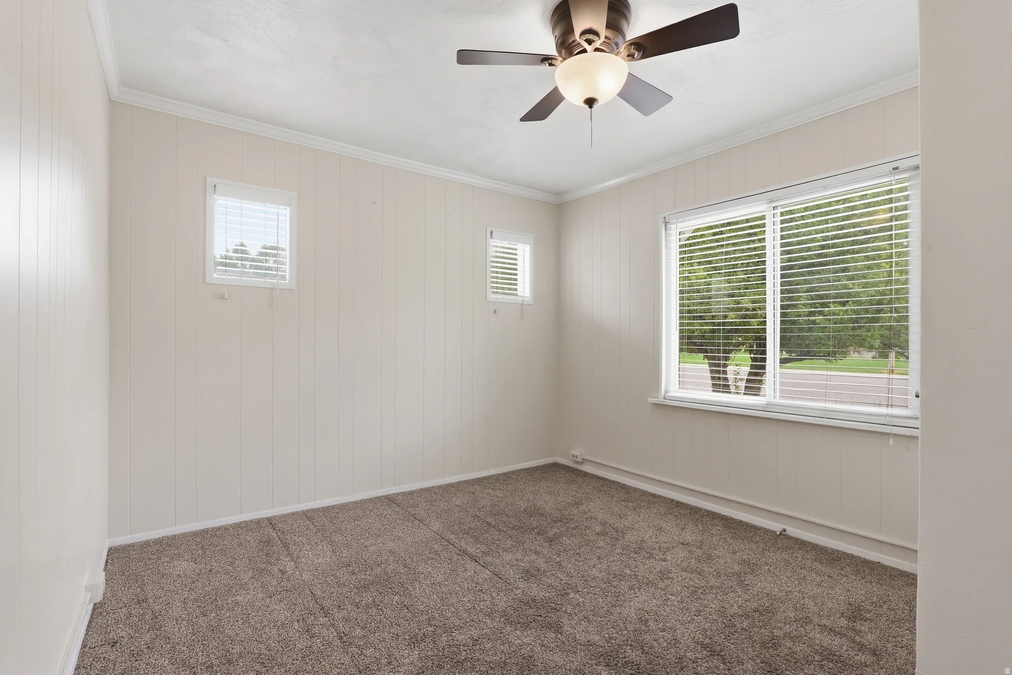 Carpeted room featuring a ceiling fan with light fixture, multiple windows with blinds, and vertical paneling on walls