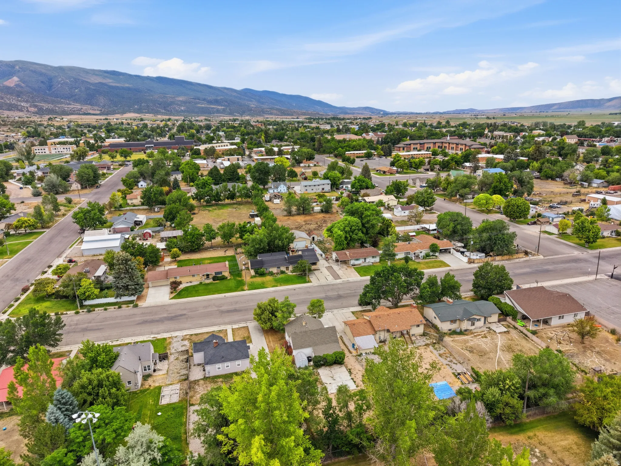 Expansive aerial view showcasing a residential area with varied housing styles and mature trees