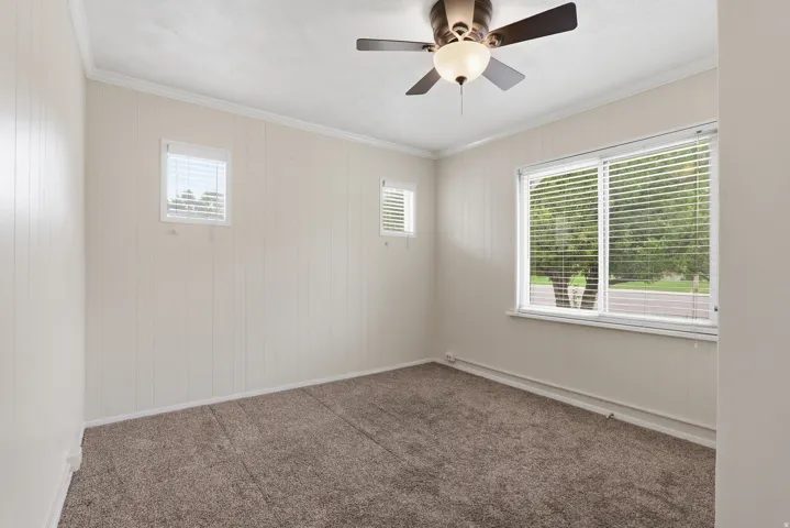 Carpeted room featuring a ceiling fan with light fixture, multiple windows with blinds, and vertical paneling on walls