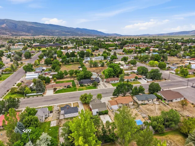 Expansive aerial view showcasing a residential area with varied housing styles and mature trees