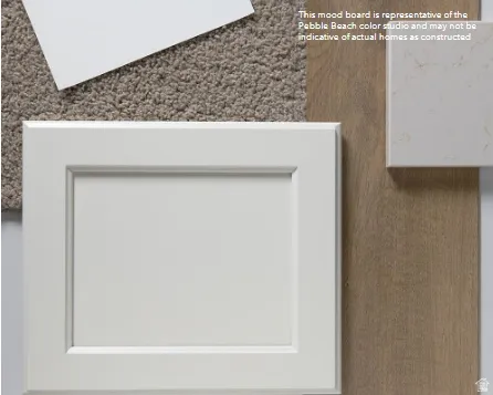 White shaker-style cabinet door, light brown textured carpet, wood-finish flooring sample, and a light-toned countertop sample with subtle veining