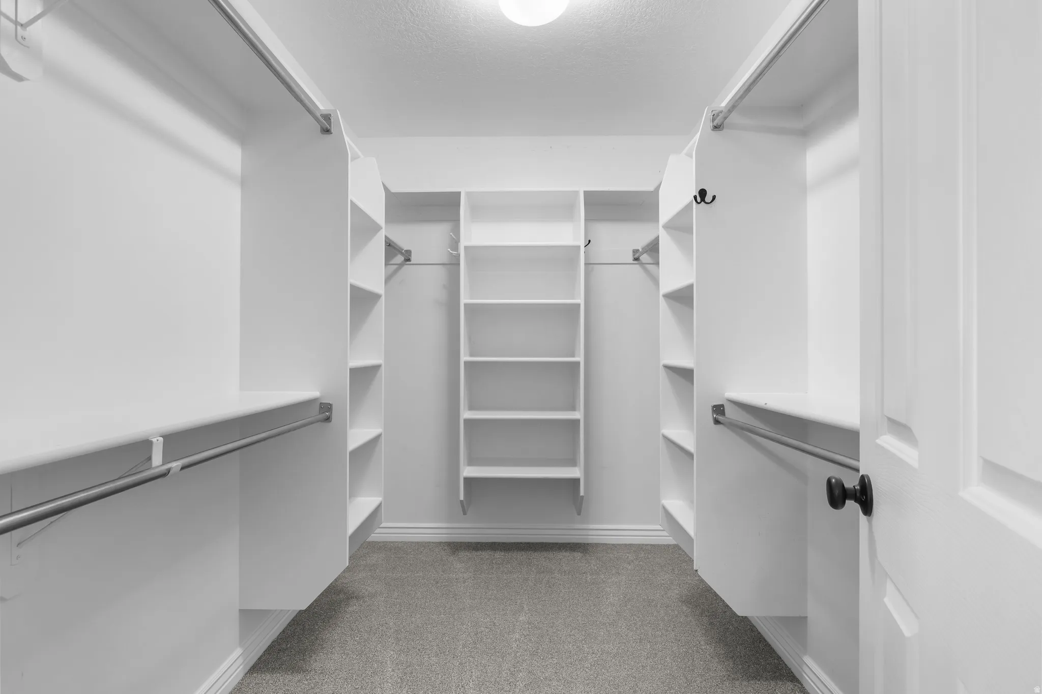 Primary bedroom Walk-in closet featuring built-in shelving, multiple hanging rods, corner shelving units, central shelving, and light gray carpeting