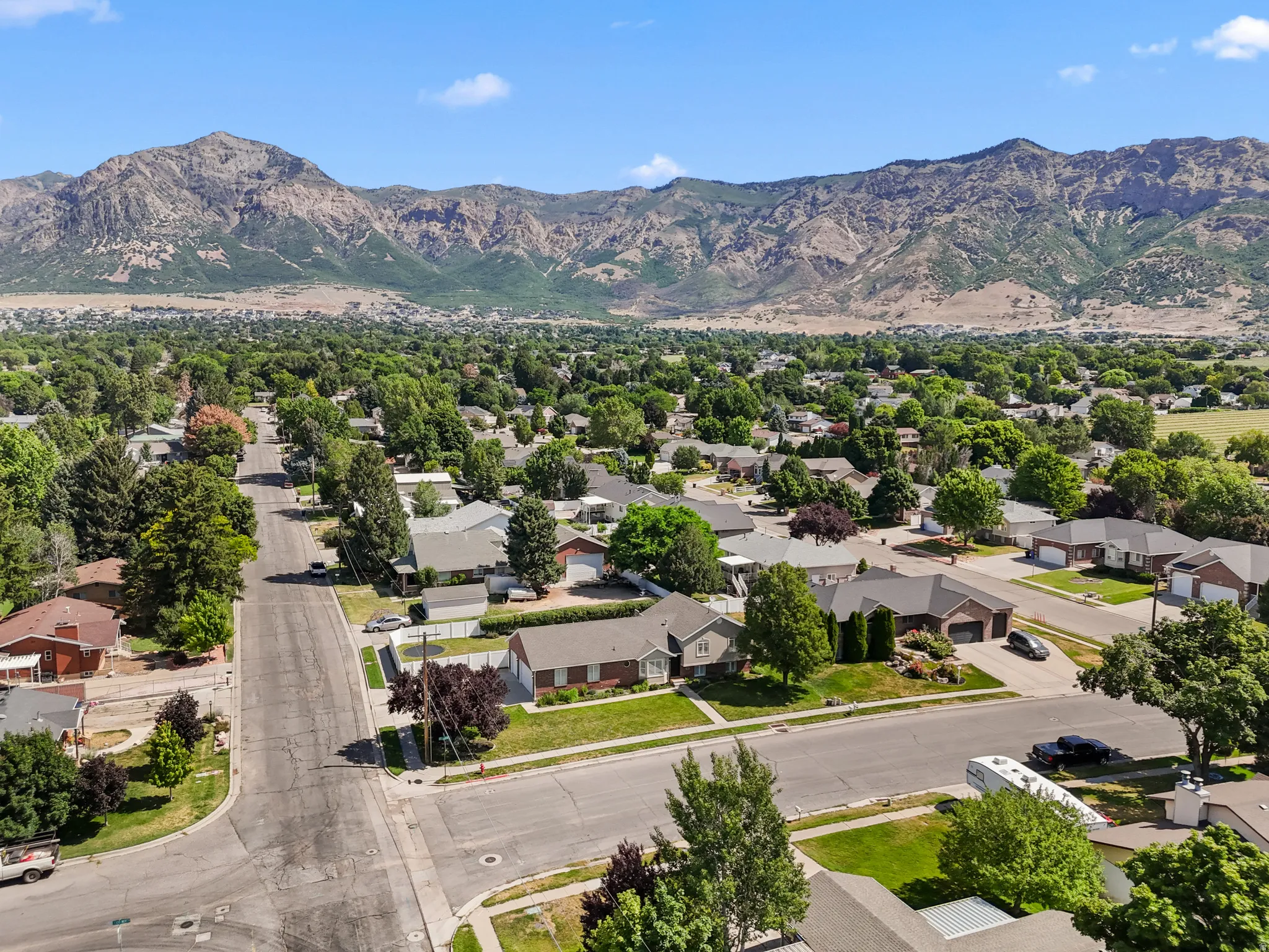 Expansive residential neighborhood featuring mature trees and a distant mountain backdrop