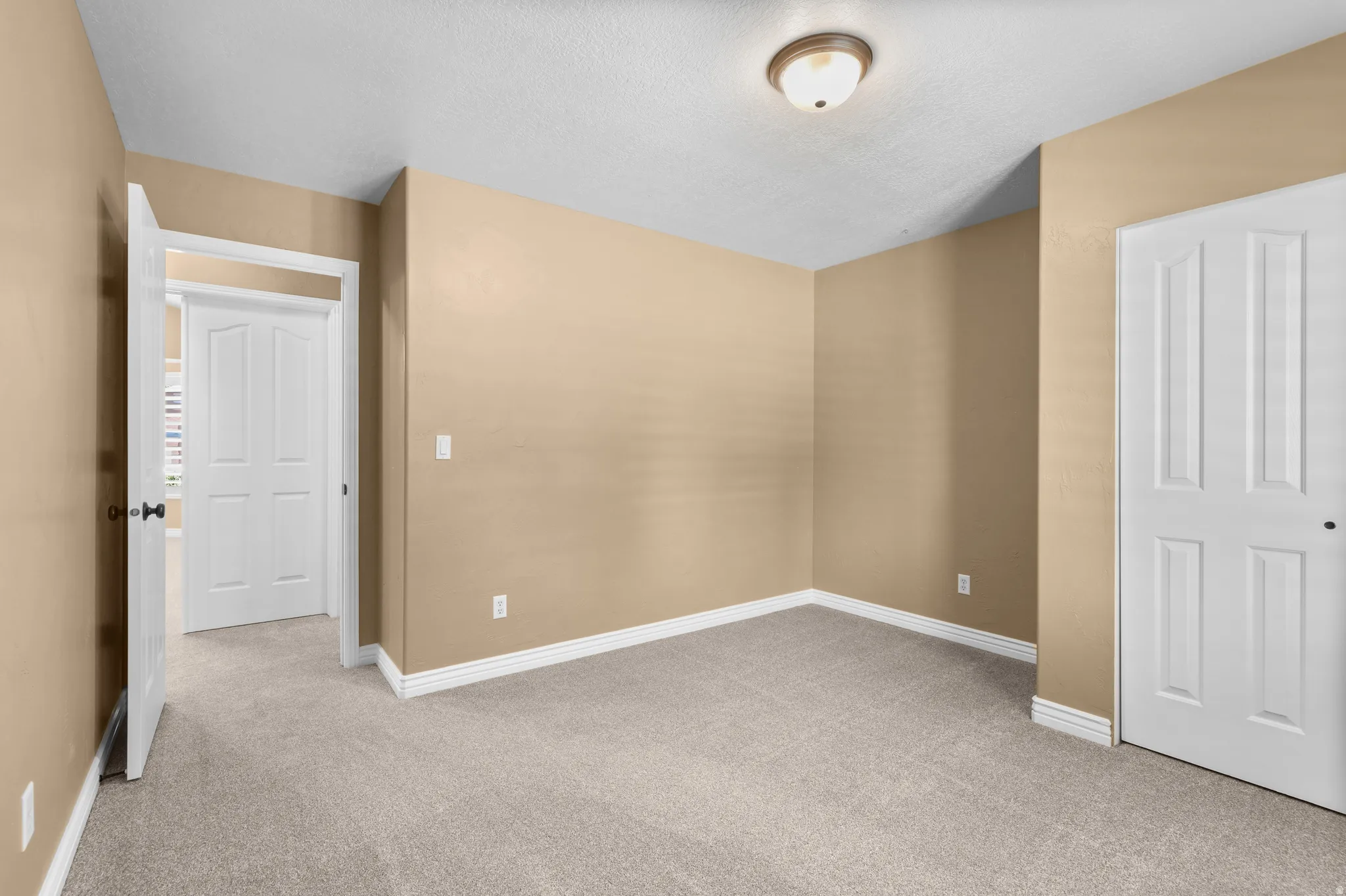 Neutral-toned interior room featuring light beige walls and textured gray carpet flooring