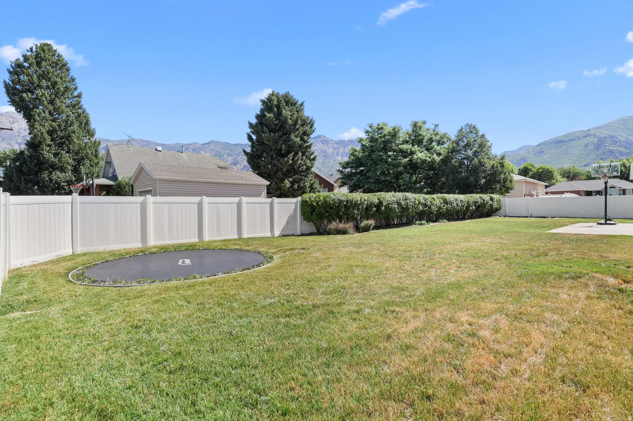Expansive backyard featuring a large grass area, white privacy fencing, mature trees, and a concrete pad with a basketball hoop
