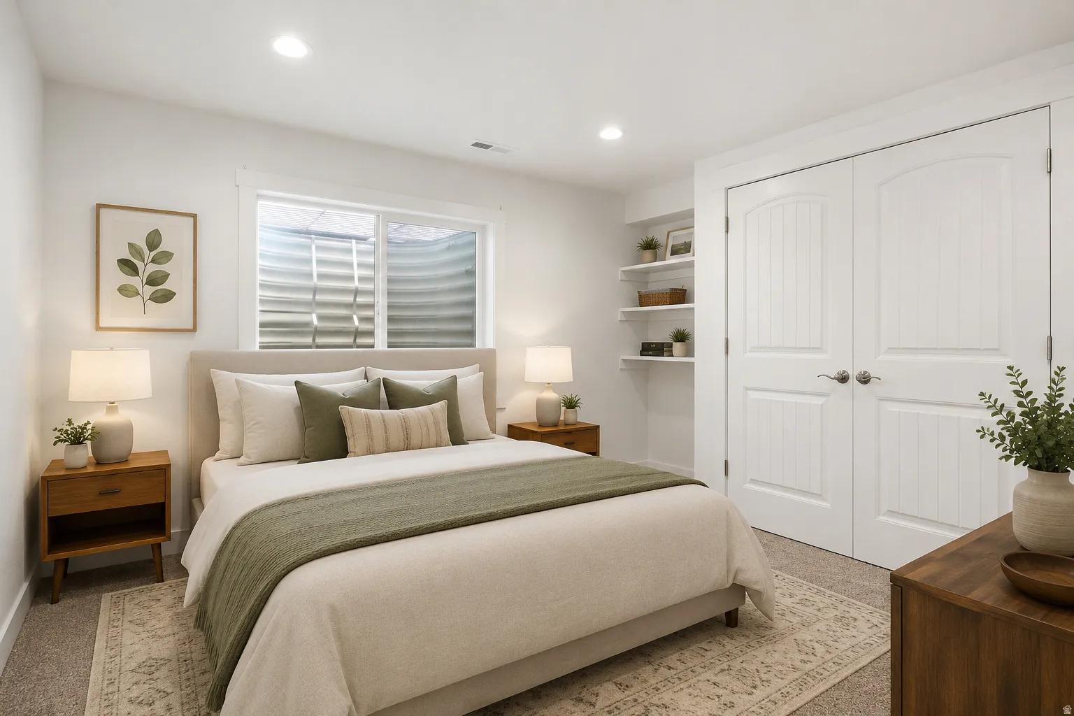 Bedroom featuring light gray carpeting and recessed lighting
