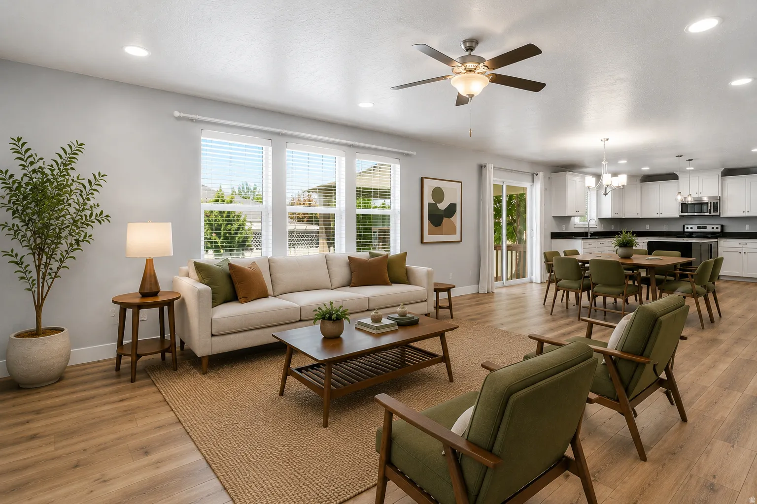 Open concept living space featuring wood-finish flooring throughout