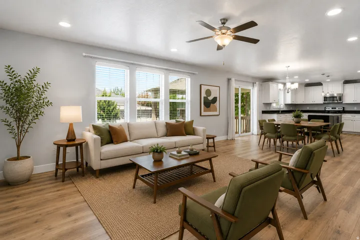 Open concept living space featuring wood-finish flooring throughout