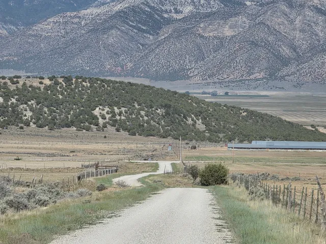 Winding gravel road providing access to the property, bordered by a rustic wire fence and natural vegetation