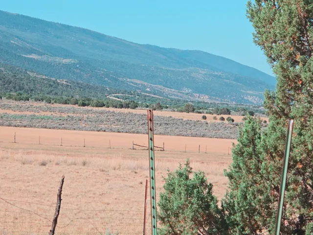 Expansive rural landscape featuring distant mountains, a broad valley, and scattered green foliage
