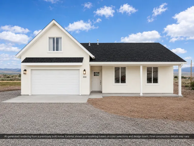 Contemporary stucco exterior with a dark shingle roof, attached garage, covered front porch, and gravel driveway