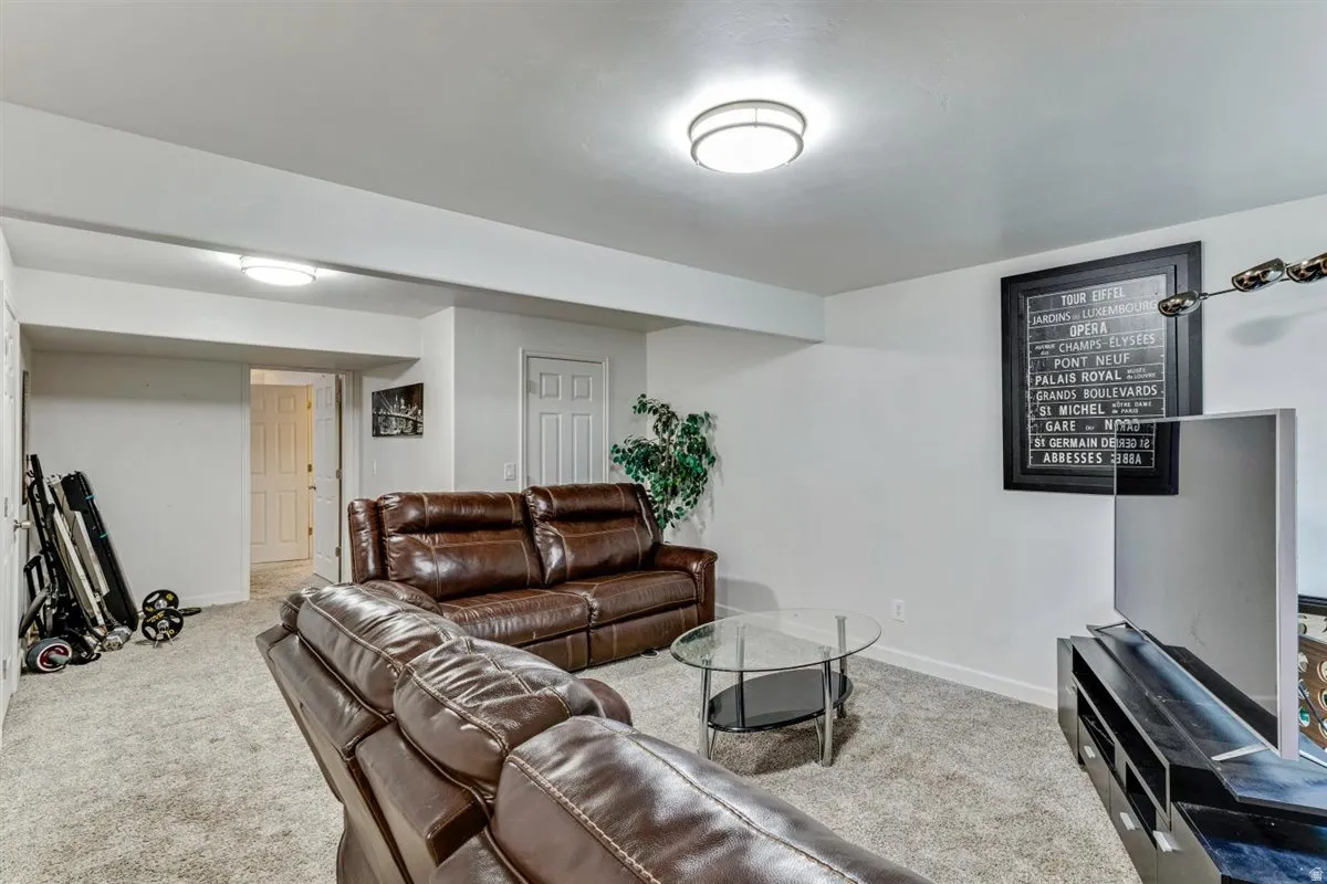 Expansive room featuring light neutral wall paint and plush carpeting