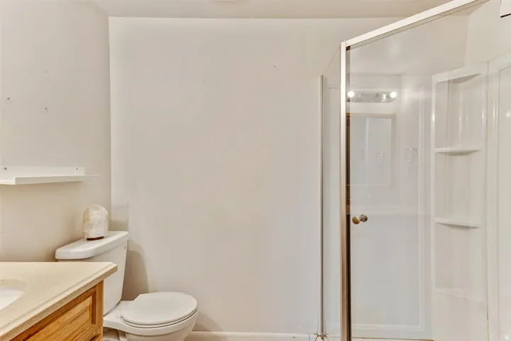 Bathroom featuring a standing shower with clear glass enclosure and built-in shelving, a toilet, and a vanity with a light-colored countertop and wood-finish cabinetry