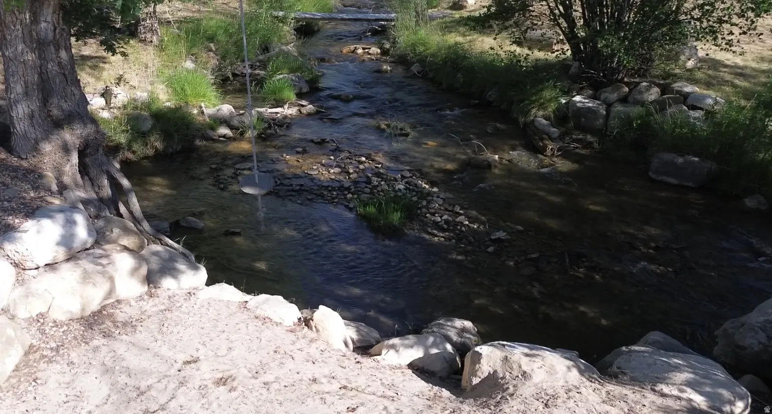 Natural creek with rock-lined banks, mature trees, and a rope swing