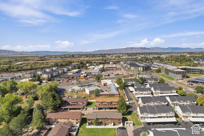 Expansive aerial perspective showcasing diverse residential and commercial structures, established landscaping, and a distant mountain range