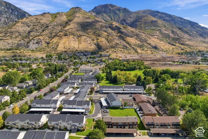 Mountain backdrop with a residential development