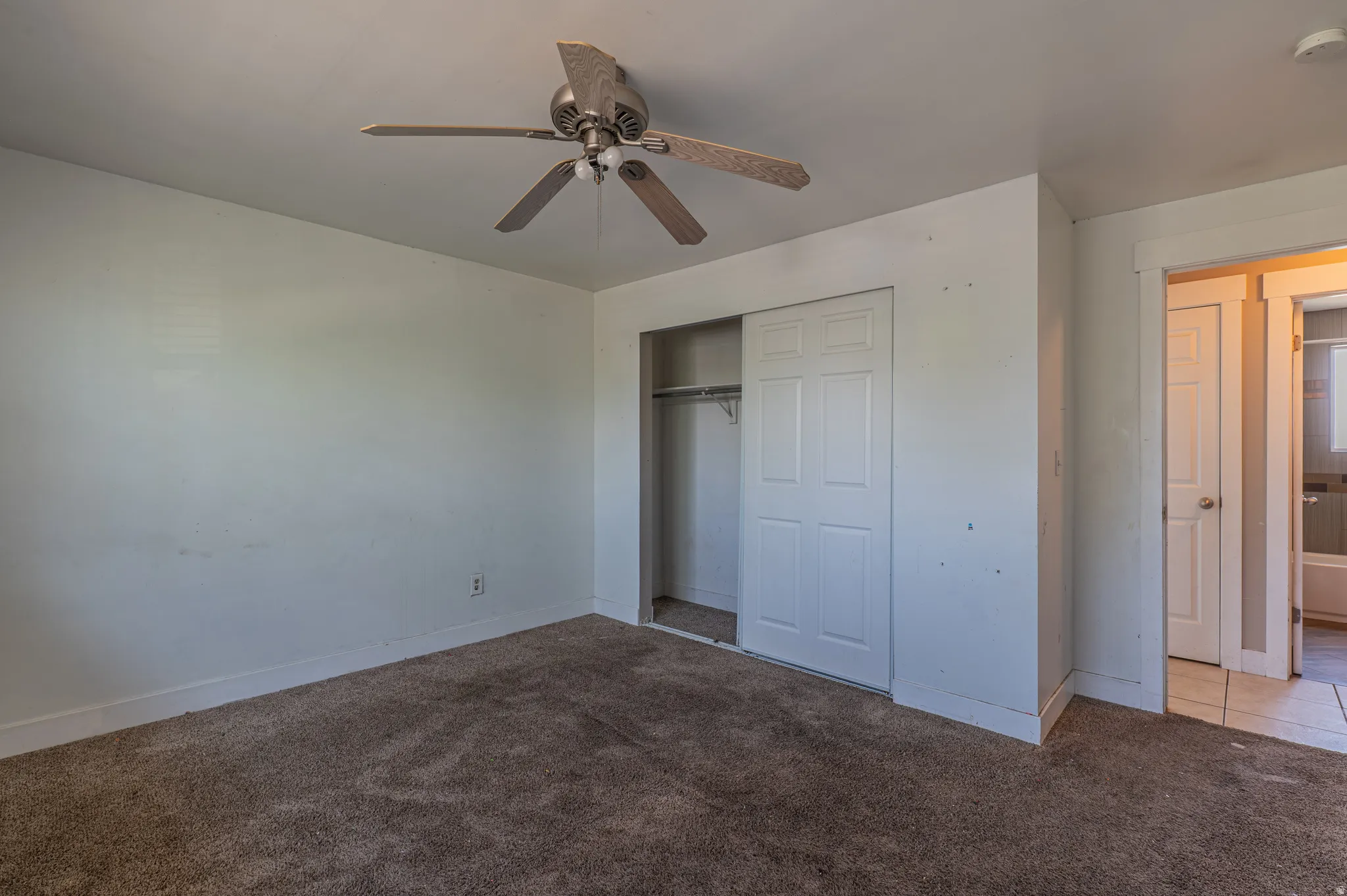 Room with brown carpet flooring and white walls