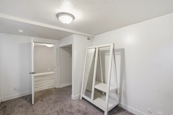 Carpeted room featuring a white interior, baseboard trim, and a flush-mount ceiling light fixture