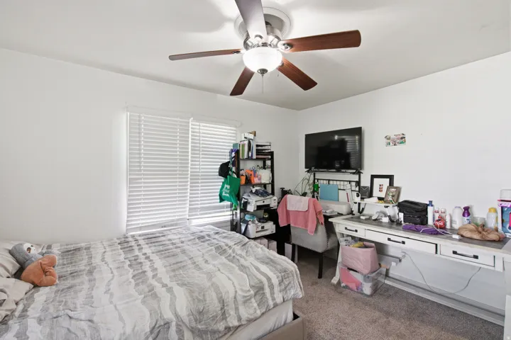 Bedroom featuring a multi-speed ceiling fan with integrated lighting, two windows with horizontal blinds, and carpeting