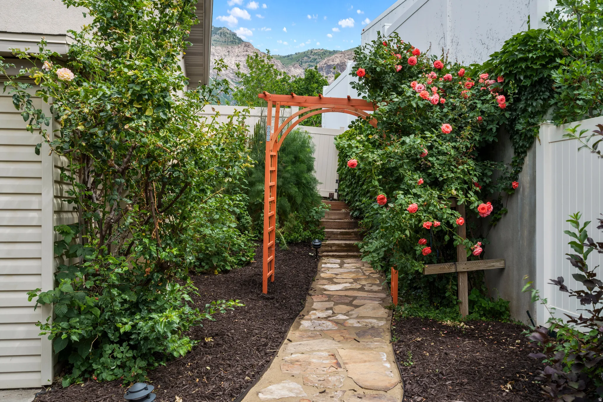 Stone path, decorative arbor beautiful roses and view of the mountains