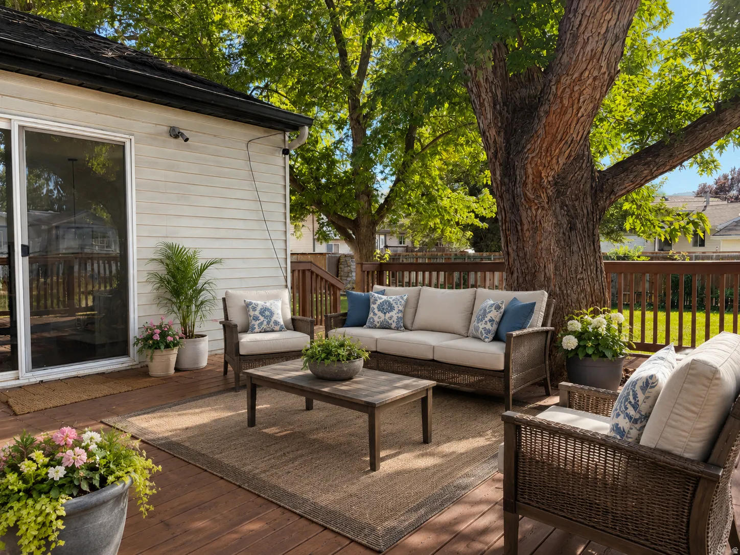 Spacious wood-finish deck with perimeter fencing, mature trees, and sliding glass door access to the residence