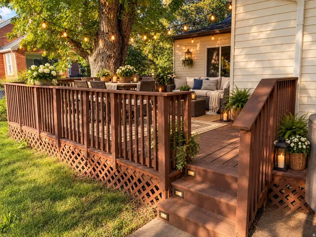 Expansive multi-level wood deck with integrated lighting, wood railing, and lattice skirting, perfect for entertaining
