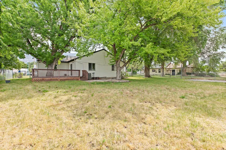 Expansive rear yard featuring mature trees providing ample shade and a spacious wood deck