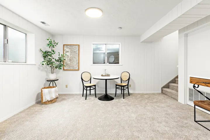 Finished room featuring soft carpet flooring, white vertical plank wall paneling, two windows, and a flush mount ceiling light