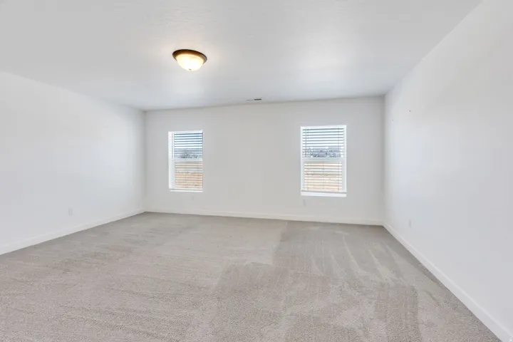 Spacious room featuring white walls, light gray carpeting, and two windows with horizontal blinds