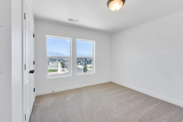Bright interior room featuring two windows, neutral carpeting, white walls, and a ceiling-mounted light fixture