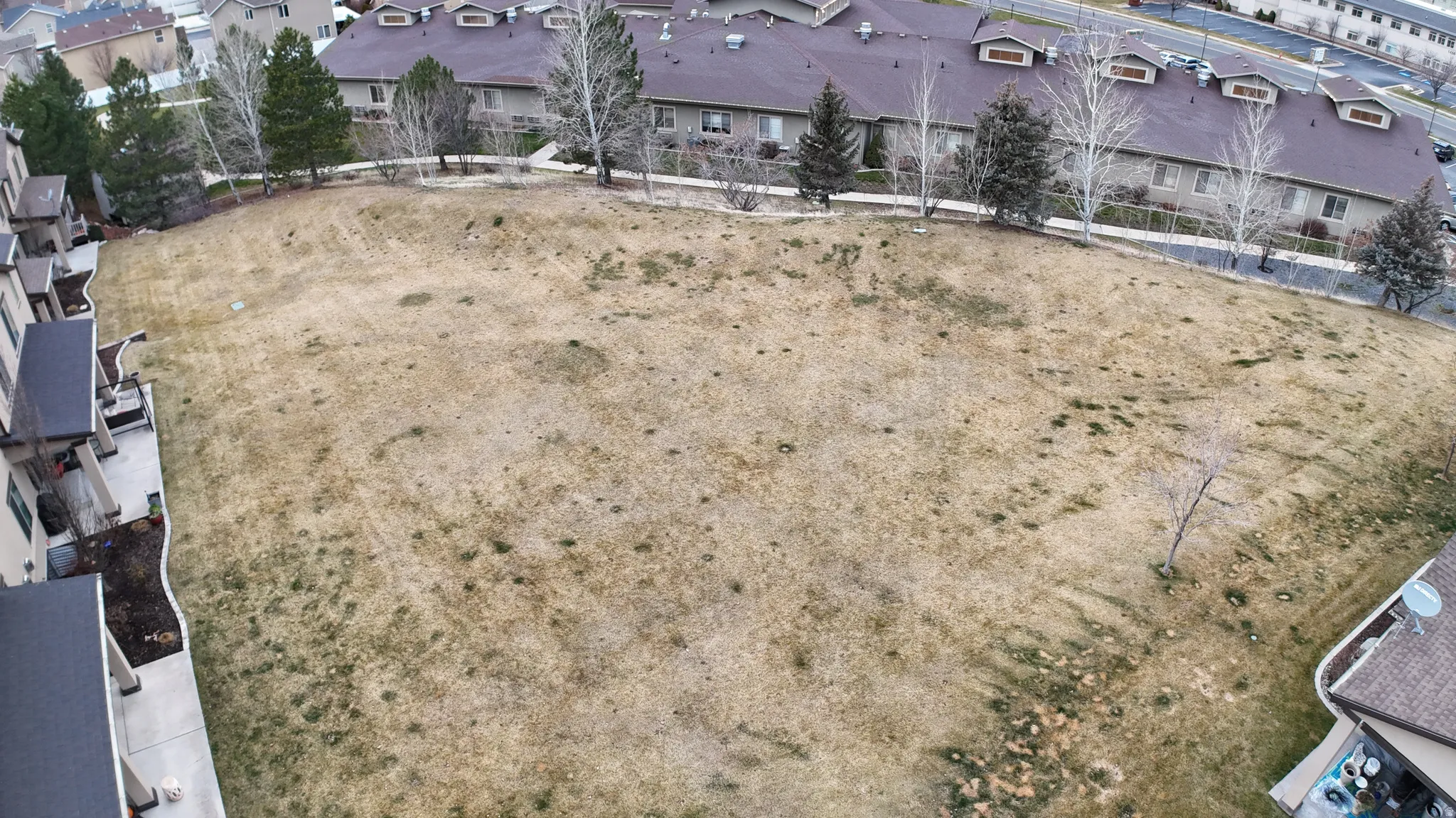 Expansive undeveloped land parcel featuring existing surrounding residential structures and mature perimeter trees
