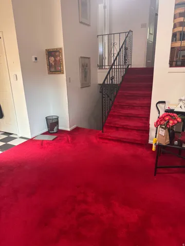 Staircase featuring black wrought iron railings and red carpeted treads