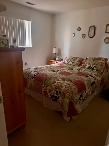 Bedroom with light-toned walls, a window with vertical blinds, and soft carpeting