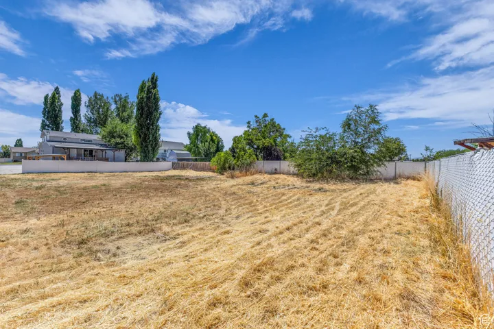 Expansive lot featuring a chain-link fence and mature trees along the perimeter