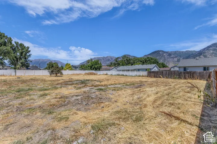 Expansive land parcel featuring a mountain backdrop, mature trees, partial fencing, and clear skies