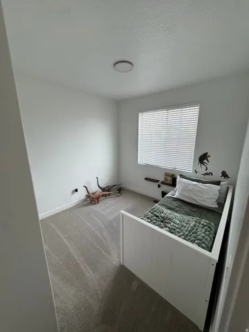 Bedroom featuring neutral tone carpeting and a window with horizontal blinds