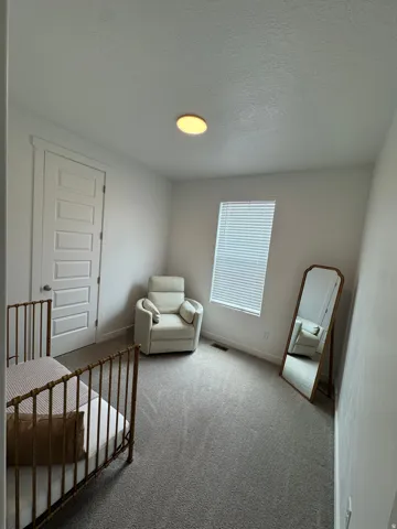 Carpeted room with a five-panel interior door, a single window with blinds, and a ceiling-mounted light fixture