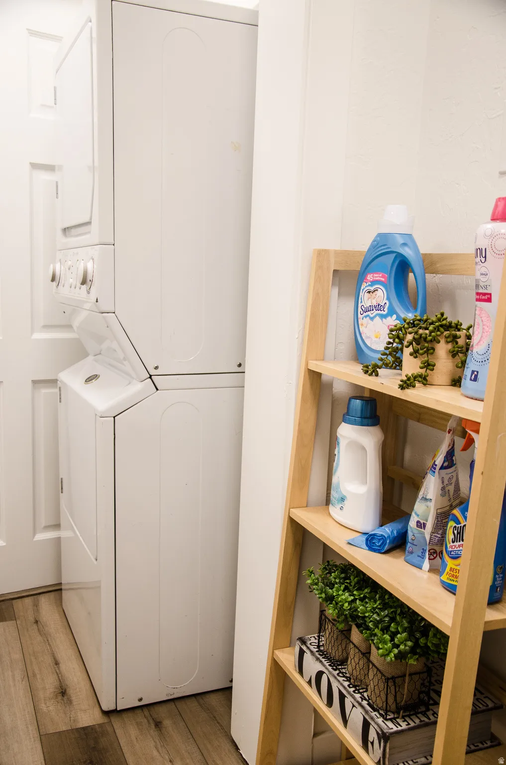 Stackable laundry appliances with a white finish