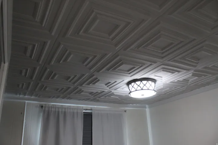 First Bedroom. Coffered ceiling with a geometric pattern and a decorative flush-mount light fixture.  first bedroom
