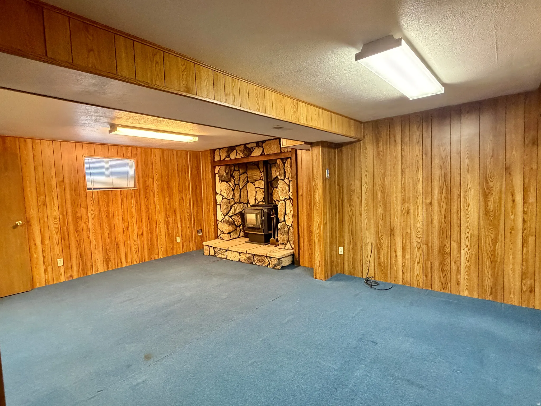 Spacious room featuring wood-paneled walls, blue carpeting, and a stone-clad fireplace with a wood-burning stove