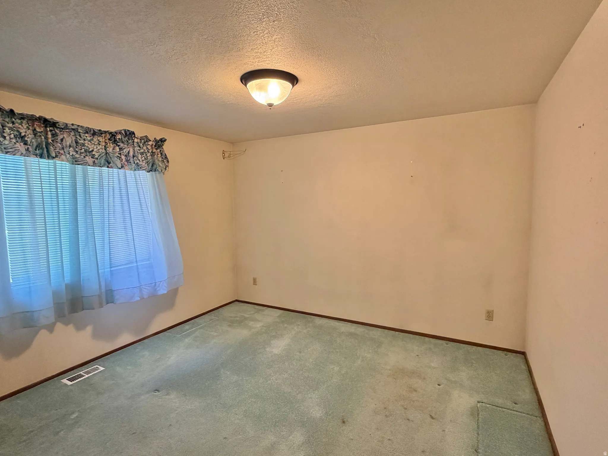 Room featuring a single window, overhead lighting, and wall-to-wall carpeting