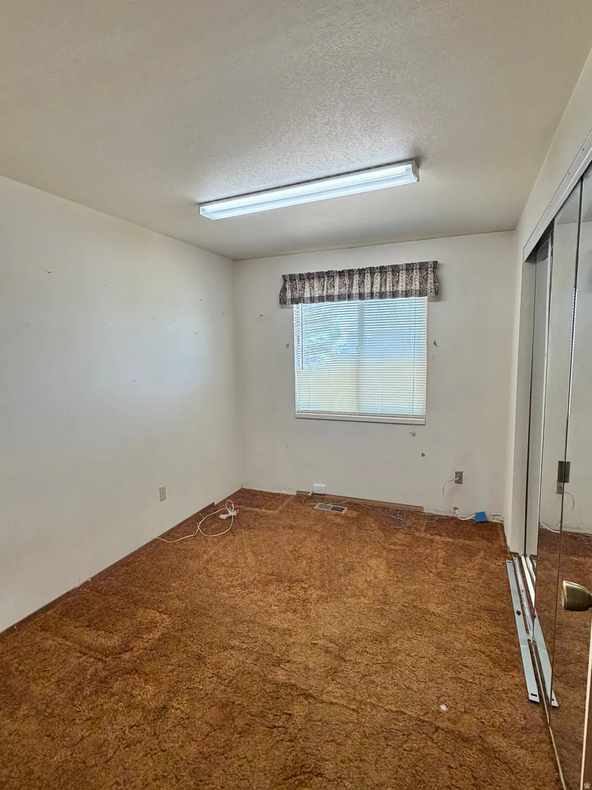 Room with brown carpet flooring, a window with horizontal blinds and a valance, and a fluorescent ceiling light fixture
